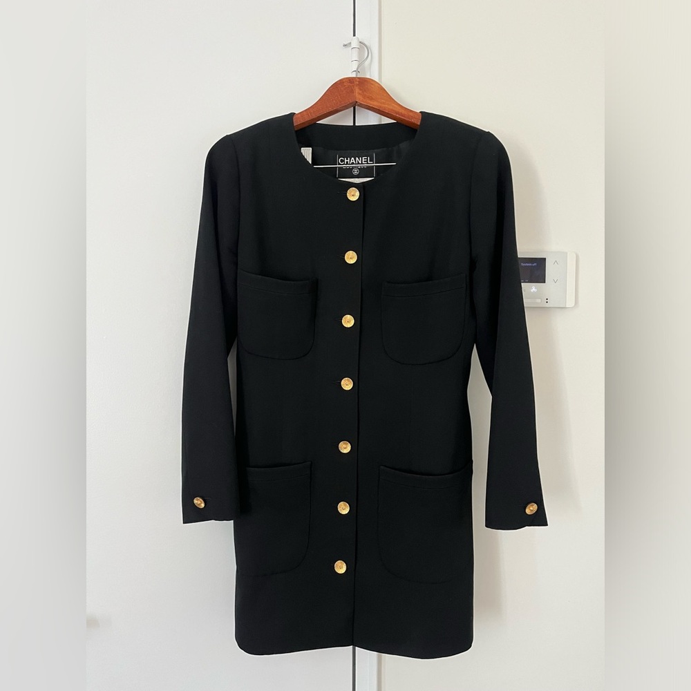 Vintage Chanel Black Long Jacket with Gold Buttons